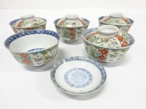 古伊万里　染付色絵　兎文様　蓋物碗　5客